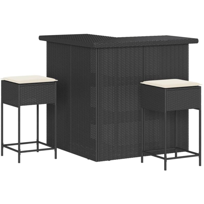 Ensemble de bar de jardin 3 pcs avec coussins noir poly rotin - Vidaxl