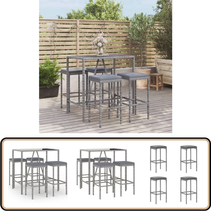 Ensemble de bar de jardin 5 pcs avec coussins gris poly rotin - Meubles De Jardin - Salon De Jardin - Set De Bar Extérieur - Mobilier De Jardin