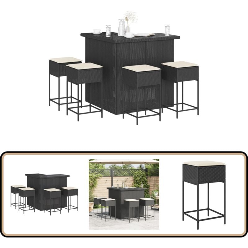 Ensemble de bar de jardin 5 pcs avec coussins noir poly rotin - Ensemble Salon De Jardin - Mobilier De Jardin - Set De Bar Extérieur - Table Basse