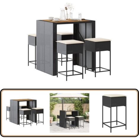 Ensemble de bar de jardin 5 pcs avec coussins noir poly rotin - Meubles De Jardin - Salon De Jardin - Set De Bar Extérieur - Table Basse Extérieure - Chaises De Bar