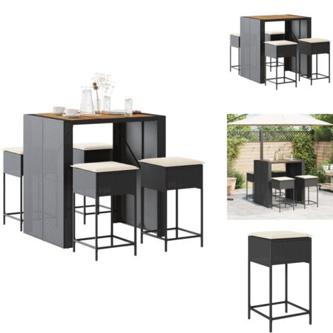 Ensemble de bar de jardin 5 pcs avec coussins noir poly rotin - Meubles De Jardin - Salon De Jardin - Set De Bar Extérieur - Table Basse Extérieure - Chaises De Bar