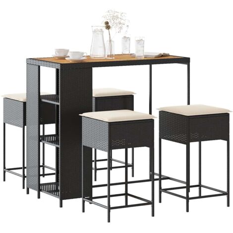 Ensemble de bar de jardin 5 pcs-Bar d'extérieur avec coussins noir poly rotin 310494