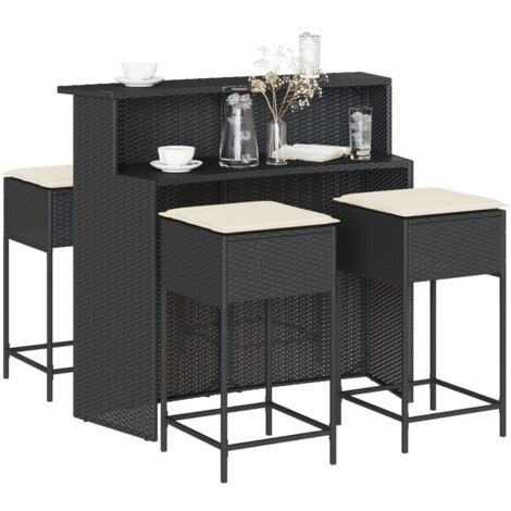 Ensemble de bar de jardin 5 pcs-Bar d'extérieur avec coussins noir poly rotin 643272