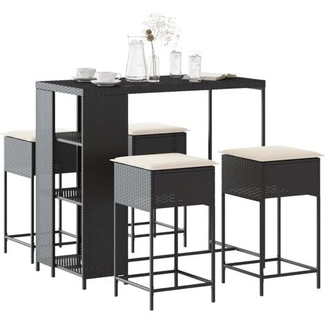 Ensemble de bar de jardin 5 pcs-Bar d'extérieur avec coussins noir poly rotin 836180