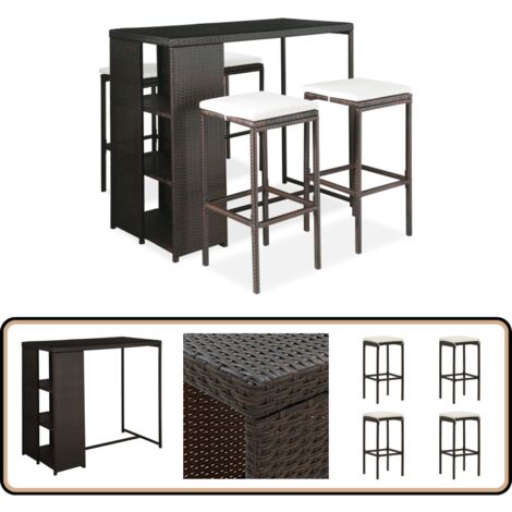 Ensemble de bar de jardin 5 pcs coussins Résine tressée Marron - Ensemble Salon De Jardin - Mobilier De Jardin - Set De Bar Extérieur - Table Et Chaises De Jardin - Résine Tressée