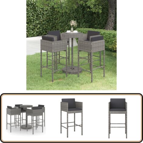 Ensemble de bar de jardin 5 pcs et coussins Résine tressée Gris - Ensemble De Salon De Jardin - Mobilier De Jardin - Set De Bar Extérieur - Table Basse Extérieure - Chaises De Jardin