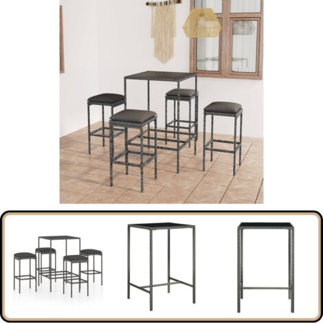 Ensemble de bar de jardin 5 pcs et coussins Résine tressée Gris - Ensemble Salon De Jardin - Mobilier De Jardin - Set De Bar Extérieur - Table Basse Extérieure - Chaises Pliantes