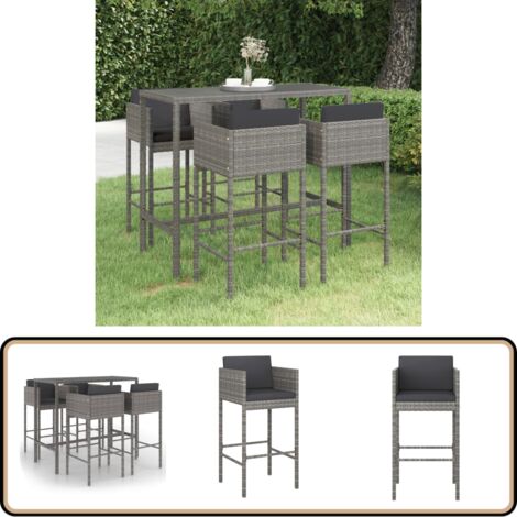 Ensemble de bar de jardin 5 pcs et coussins Résine tressée Gris - Salon De Jardin - Mobilier De Jardin - Set De Bar Extérieur - Ensemble De Salon De Jardin - Table De Bar