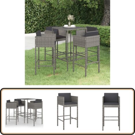 Ensemble de bar de jardin 5 pcs et coussins Résine tressée Gris - Salon De Jardin - Mobilier De Jardin - Set De Salon De Jardin - Ensemble De Bar Extérieur - Table De Bar