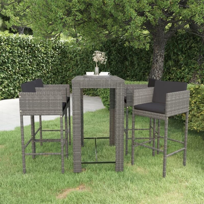 Les Tendances - Ensemble de bar de jardin 5 pcs et coussins Résine tressée Gris vidaXL