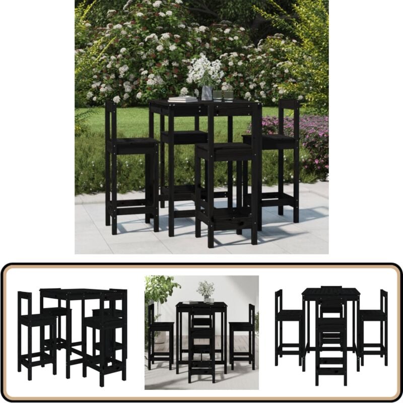 Ensemble de bar de jardin 5 pcs noir bois de pin massif - Ensemble De Bar Extérieur - Salon De Jardin - Mobilier De Jardin - Table De Bar - Chaises