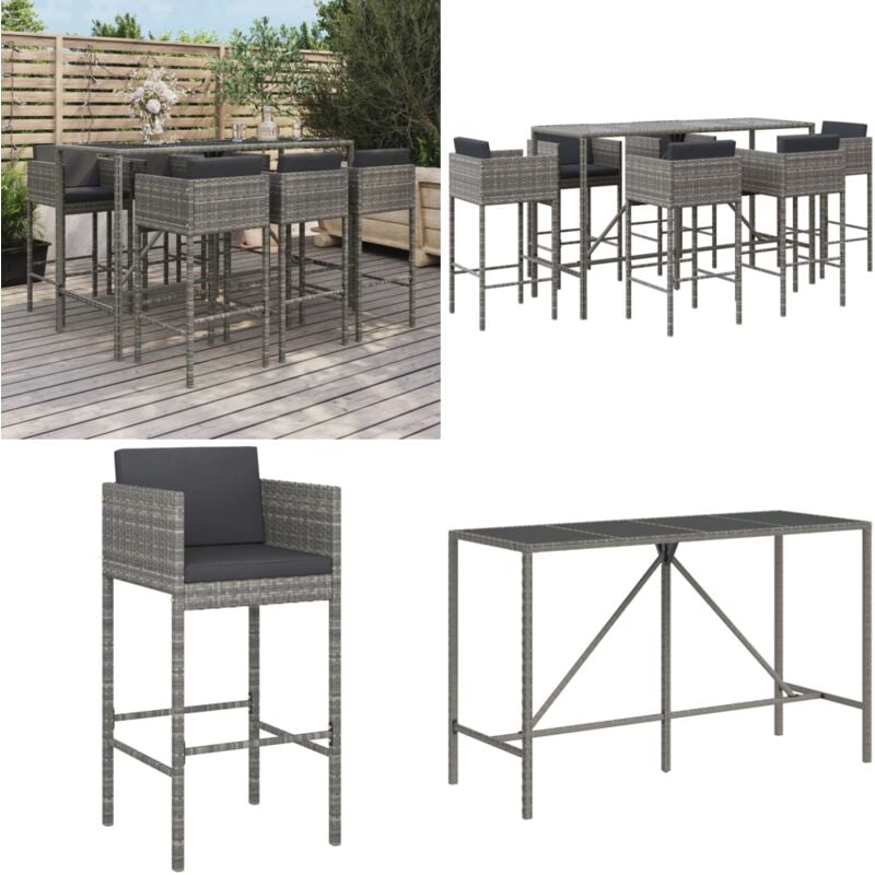 Ensemble de bar de jardin 7 pcs avec coussins gris poly rotin - Salon De Jardin - Mobilier De Jardin - Set De Bar Extérieur - Table De Bar - Chaises