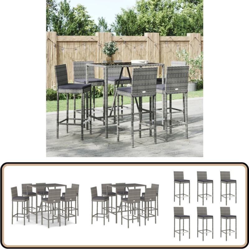 Ensemble de bar de jardin 7 pcs avec coussins gris poly rotin - Ensemble Salon De Jardin - Mobilier De Jardin - Set De Bar Extérieur - Table Et