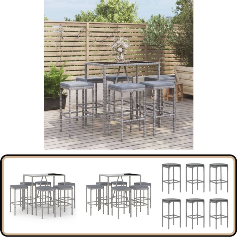 Ensemble de bar de jardin 7 pcs avec coussins gris poly rotin - Salon De Jardin - Mobilier De Jardin - Set De Salon De Jardin - Ensemble De Bar