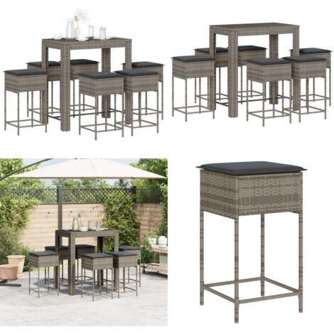 Ensemble de bar de jardin 7 pcs avec coussins gris poly rotin - Salon De Jardin - Set Salon De Jardin - Mobilier De Jardin - Table Basse - Chaises De Jardin - Home & Living