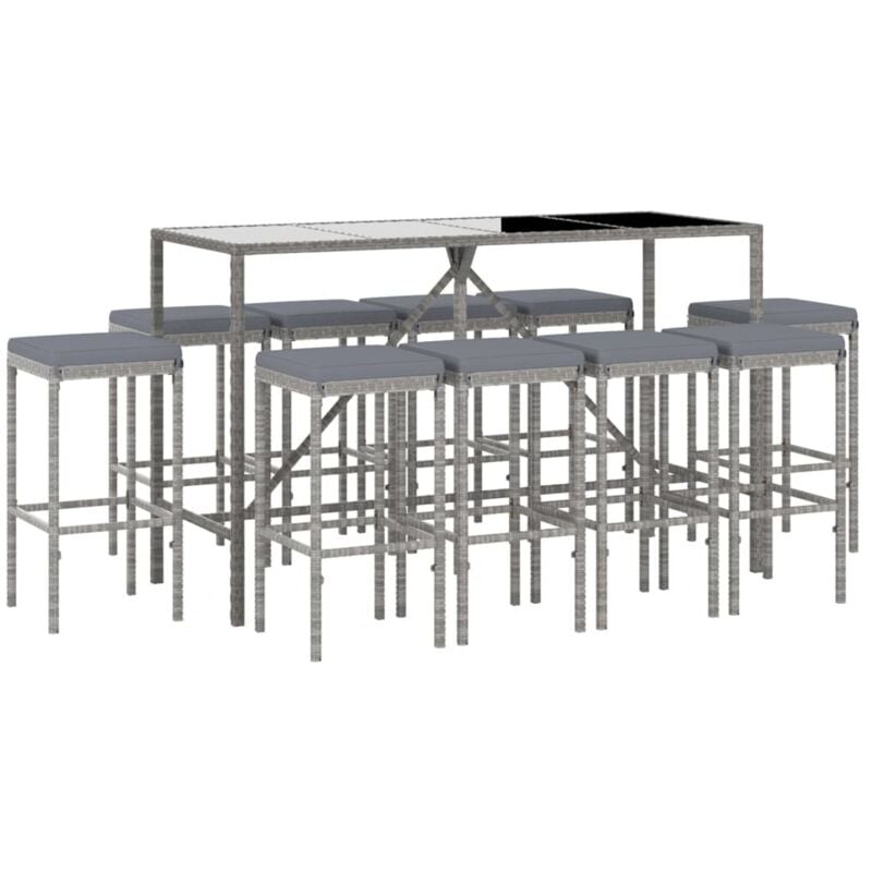 Ensemble de bar de jardin 11 pcs avec coussins gris poly rotin Vidaxl