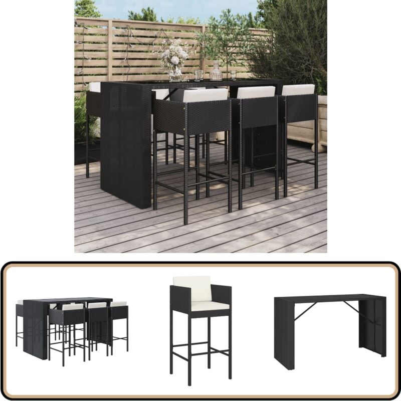 Ensemble de bar de jardin 7 pcs avec coussins noir poly rotin - Ensemble De Salon De Jardin - Mobilier De Jardin - Set De Bar Extérieur - Table Et