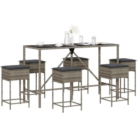 Ensemble de bar de jardin 7 pcs-Bar d'extérieur avec coussins gris poly rotin 264216