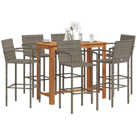 Ensemble de bar de jardin 7 pcs-Bar d'extérieur gris bois massif acacia rotin 999263