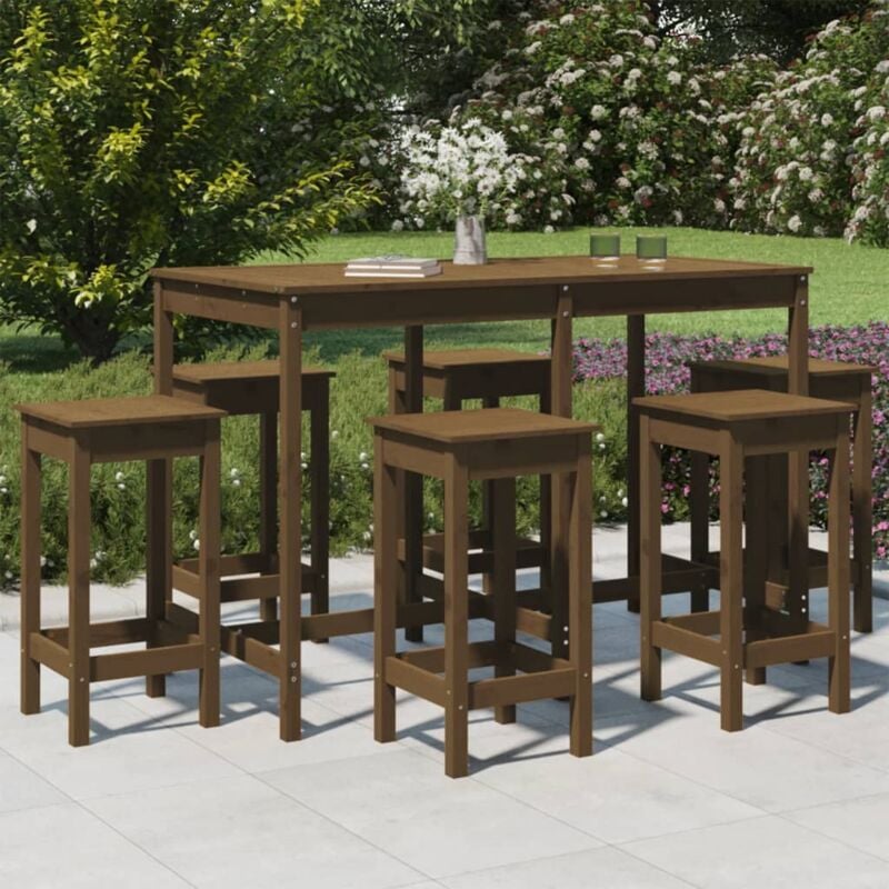 7 pcs Ensemble Table et Chaises de jardin - Set de 1 Table à manger + 6 Tabourets de bar marron miel bois de pin massif vidaXL