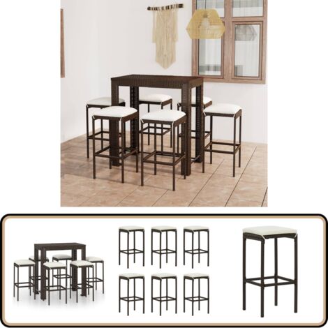 Ensemble de bar de jardin 7 pcs coussins Résine tressée Marron - Salon De Jardin - Mobilier De Jardin - Set De Salon De Jardin - Table De Bar - Chaises De Bar