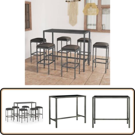Ensemble de bar de jardin 7 pcs et coussins Résine tressée Gris - Ensemble Salon De Jardin - Mobilier De Jardin - Set De Bar Extérieur - Table Basse Extérieure - Chaises De Jardin
