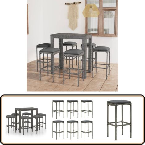 Ensemble de bar de jardin 7 pcs et coussins Résine tressée Gris - Salon De Jardin - Mobilier De Jardin - Set De Salon De Jardin - Ensemble De Bar Extérieur - Table De Bar