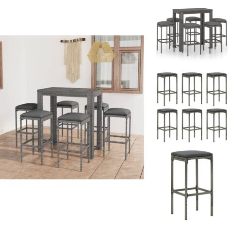 Ensemble de bar de jardin 7 pcs et coussins Résine tressée Gris - Salon De Jardin - Mobilier De Jardin - Set De Salon De Jardin - Ensemble De Bar Extérieur - Table De Bar