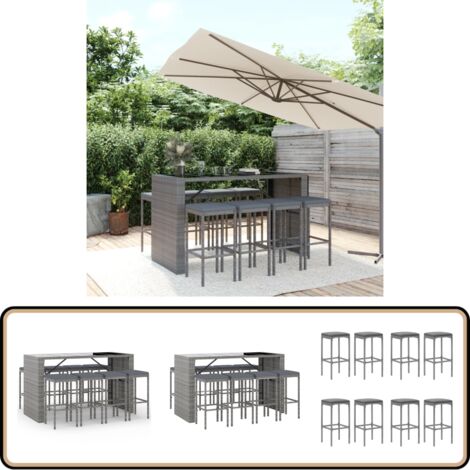 Ensemble de bar de jardin 9 pcs avec coussins gris poly rotin - Ensemble Salon De Jardin - Mobilier De Jardin - Set De Bar Extérieur - Table De Bar - Chaises De Bar