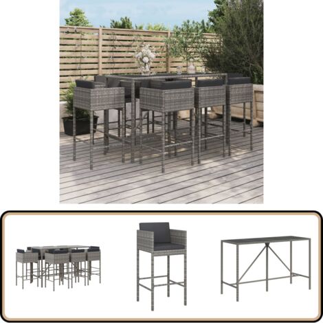 Ensemble de bar de jardin 9 pcs avec coussins gris poly rotin - Ensemble Salon De Jardin - Mobilier De Jardin - Set De Bar Extérieur - Table Et Chaises De Jardin - Chaise Lounge Extérieure