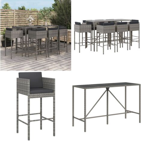 Ensemble de bar de jardin 9 pcs avec coussins gris poly rotin - Ensemble Salon De Jardin - Mobilier De Jardin - Set De Bar Extérieur - Table Et Chaises De Jardin - Chaise Lounge Extérieure - Home & Li