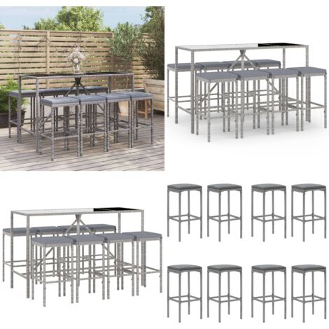 Ensemble de bar de jardin 9 pcs avec coussins gris poly rotin - Salon De Jardin - Mobilier De Jardin - Set De Salon De Jardin - Table De Bar - Chaises De Bar - Home & Living
