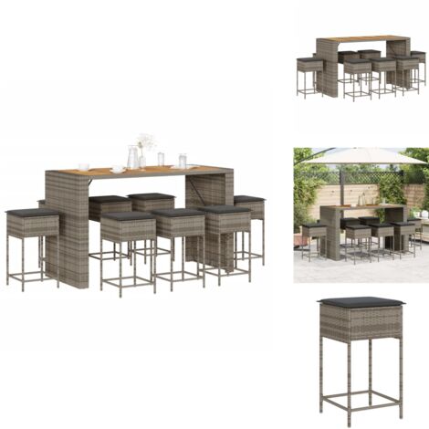 Ensemble de bar de jardin 9 pcs avec coussins gris poly rotin - Salon De Jardin - Set Salon De Jardin - Mobilier De Jardin - Table Basse - Chaises De Jardin
