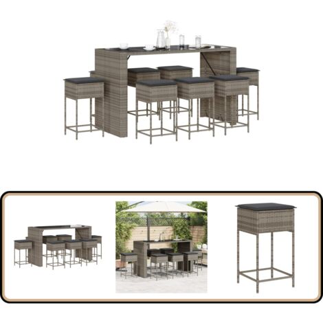 Ensemble de bar de jardin 9 pcs avec coussins gris poly rotin - Salon De Jardin - Set Salon De Jardin - Mobilier De Jardin - Table De Jardin - Chaises De Jardin