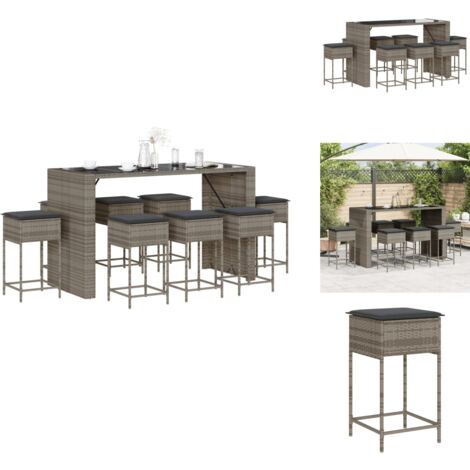 Ensemble de bar de jardin 9 pcs avec coussins gris poly rotin - Salon De Jardin - Set Salon De Jardin - Mobilier De Jardin - Table De Jardin - Chaises De Jardin