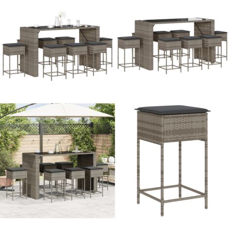 Ensemble de bar de jardin 9 pcs avec coussins gris poly rotin - Salon De Jardin - Set Salon De Jardin - Mobilier De Jardin - Table De Jardin - Chaises De Jardin - Home & Living