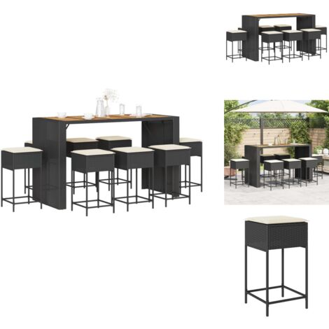 Ensemble de bar de jardin 9 pcs avec coussins noir poly rotin - Meubles De Jardin - Salon De Jardin - Set De Bar Extérieur - Table Basse Extérieure - Chaises De Bar