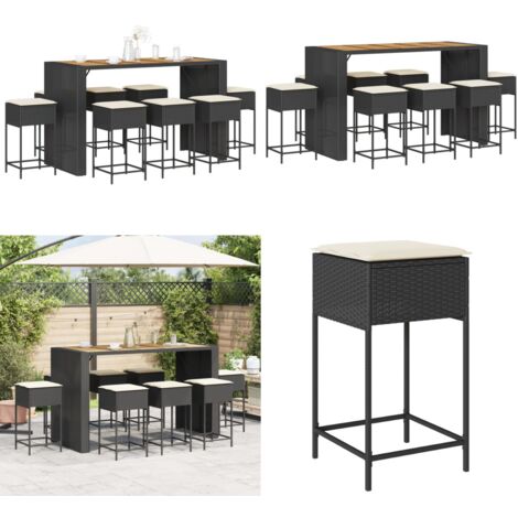 Ensemble de bar de jardin 9 pcs avec coussins noir poly rotin - Meubles De Jardin - Salon De Jardin - Set De Bar Extérieur - Table Basse Extérieure - Chaises De Bar - Home & Living