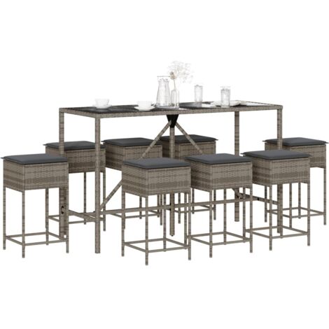 Ensemble de bar de jardin 9 pcs-Bar d'extérieur avec coussins gris poly rotin 909853