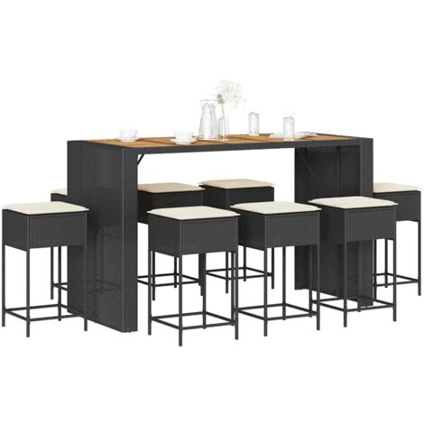 Ensemble de bar de jardin 9 pcs-Bar d'extérieur avec coussins noir poly rotin 656437