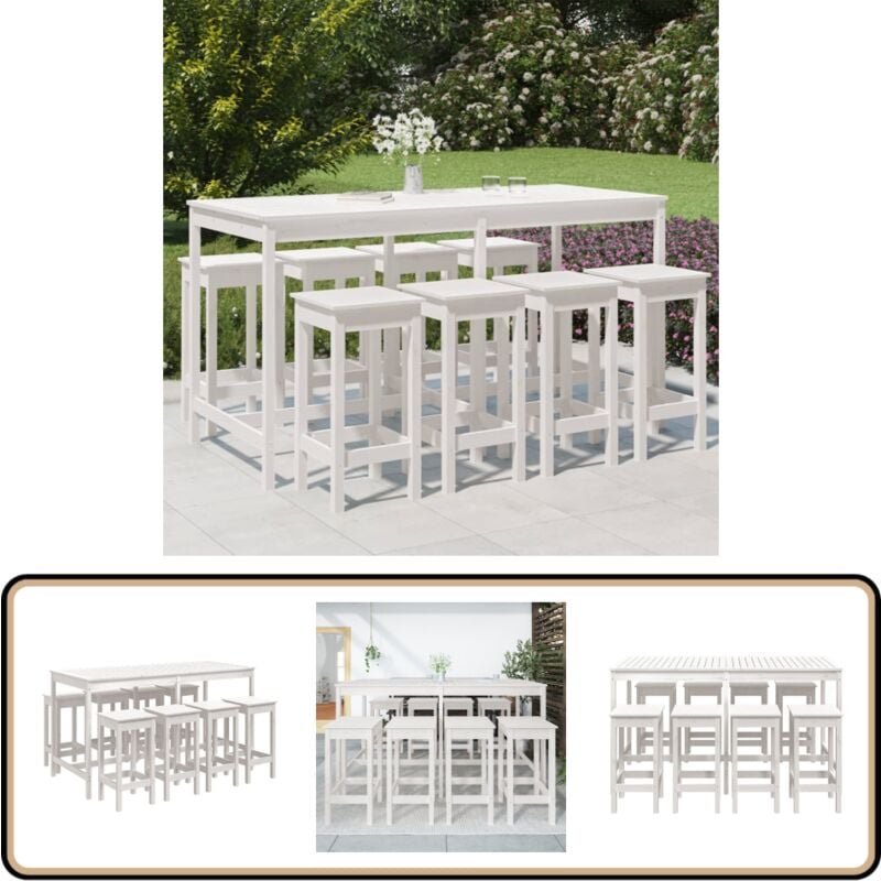Ensemble de bar de jardin 9 pcs blanc bois de pin massif - Ensemble De Bar De Jardin - Salon De Jardin - Mobilier De Jardin - Table De Bar - Chaises