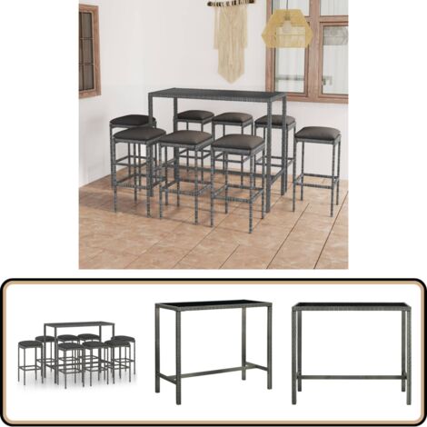 Ensemble de bar de jardin 9 pcs et coussins Résine tressée Gris - Ensemble Salon De Jardin - Mobilier De Jardin - Set De Bar Extérieur - Table Basse Extérieure - Chaises De Jardin