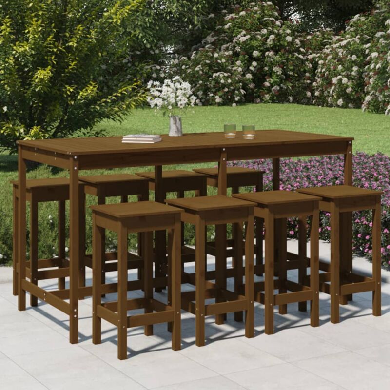 9 pcs Ensemble Table et Chaises de jardin - Set de 1 Table à manger + 8 Tabourets de bar marron miel bois de pin massif vidaXL