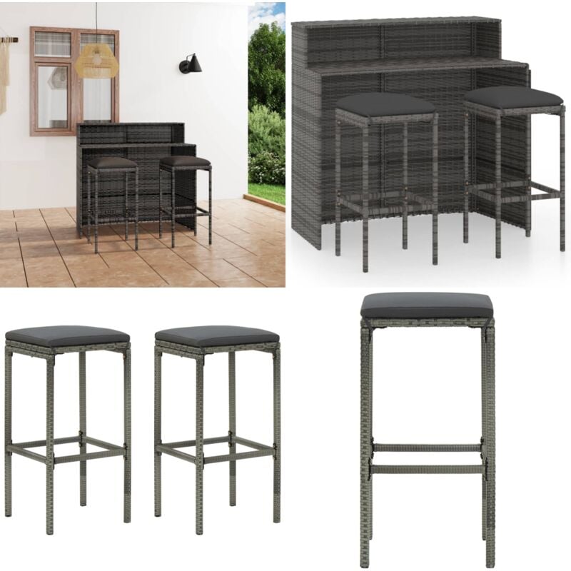 Ensemble de bar de jardin avec coussins 3 pcs Gris - Salon De Jardin - Mobilier De Jardin - Set De Salon De Jardin - Table De Bar - Chaises De Bar