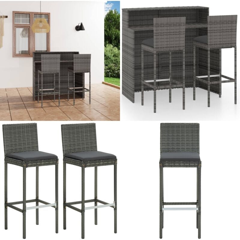 Ensemble de bar de jardin avec coussins 3 pcs Gris - Salon De Jardin - Mobilier De Jardin - Set De Salon De Jardin - Table De Bar - Chaises De Bar