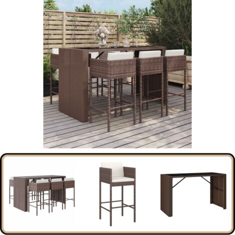 Ensemble de bar de jardin avec coussins 7 pcs marron poly rotin - Salon De Jardin - Mobilier De Jardin - Set De Bar Extérieur - Table De Bar - Chaises De Bar