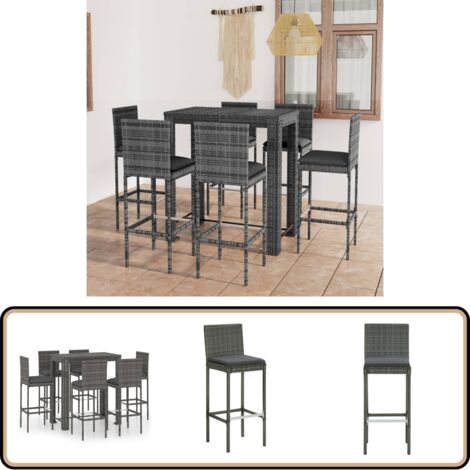 Ensemble de bar d'extérieur 7 pcs coussins Résine tressée Gris - Salon De Jardin - Mobilier De Jardin - Set De Salon De Jardin - Ensemble De Bar Extérieur - Table De Bar