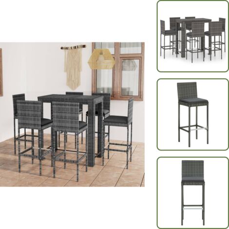 Ensemble de bar d'extérieur 7 pcs coussins Résine tressée Gris - Salon De Jardin - Mobilier De Jardin - Set De Salon De Jardin - Ensemble De Bar Extérieur - Table De Bar
