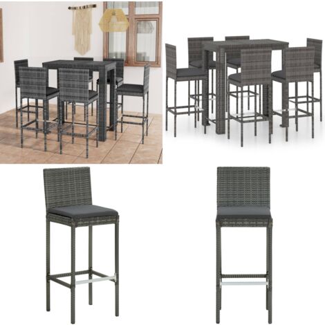Ensemble de bar d'extérieur 7 pcs coussins Résine tressée Gris - Salon De Jardin - Mobilier De Jardin - Set De Salon De Jardin - Ensemble De Bar Extérieur - Table De Bar - Home & Living