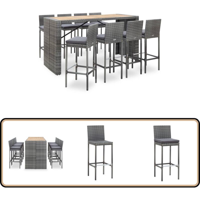 Ensemble de bar d'extérieur 9 pcs poly rotin bois d'acacia Gris - Ensemble Salon De Jardin - Meubles De Jardin - Set De Bar Extérieur - Table Et